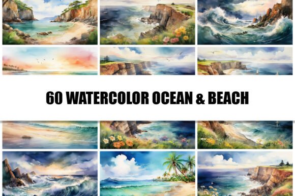 Capture Coastal Serenity: 60 Watercolor Ocean Backgrounds