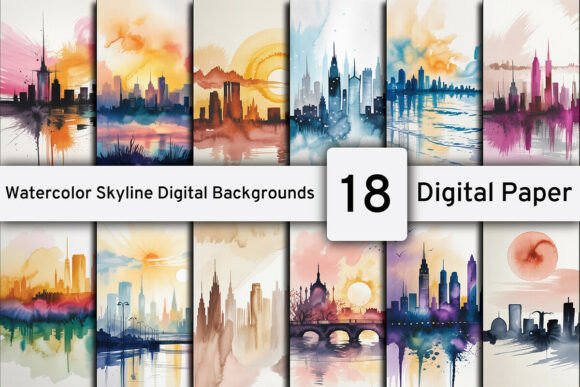 Watercolor Skyline Digital Backgrounds for Effortless Design